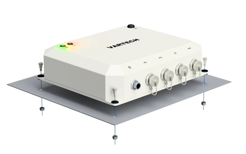 A rendering of VarTech Systems' ToughCube rugged small form factor computer depicted with a shock mounting style