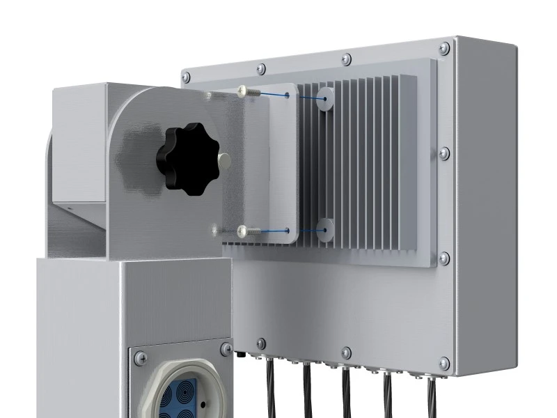 A rendering of VarTech Systems' ToughStation C1D2-certified computer or monitor depicted with a VESA mounting style