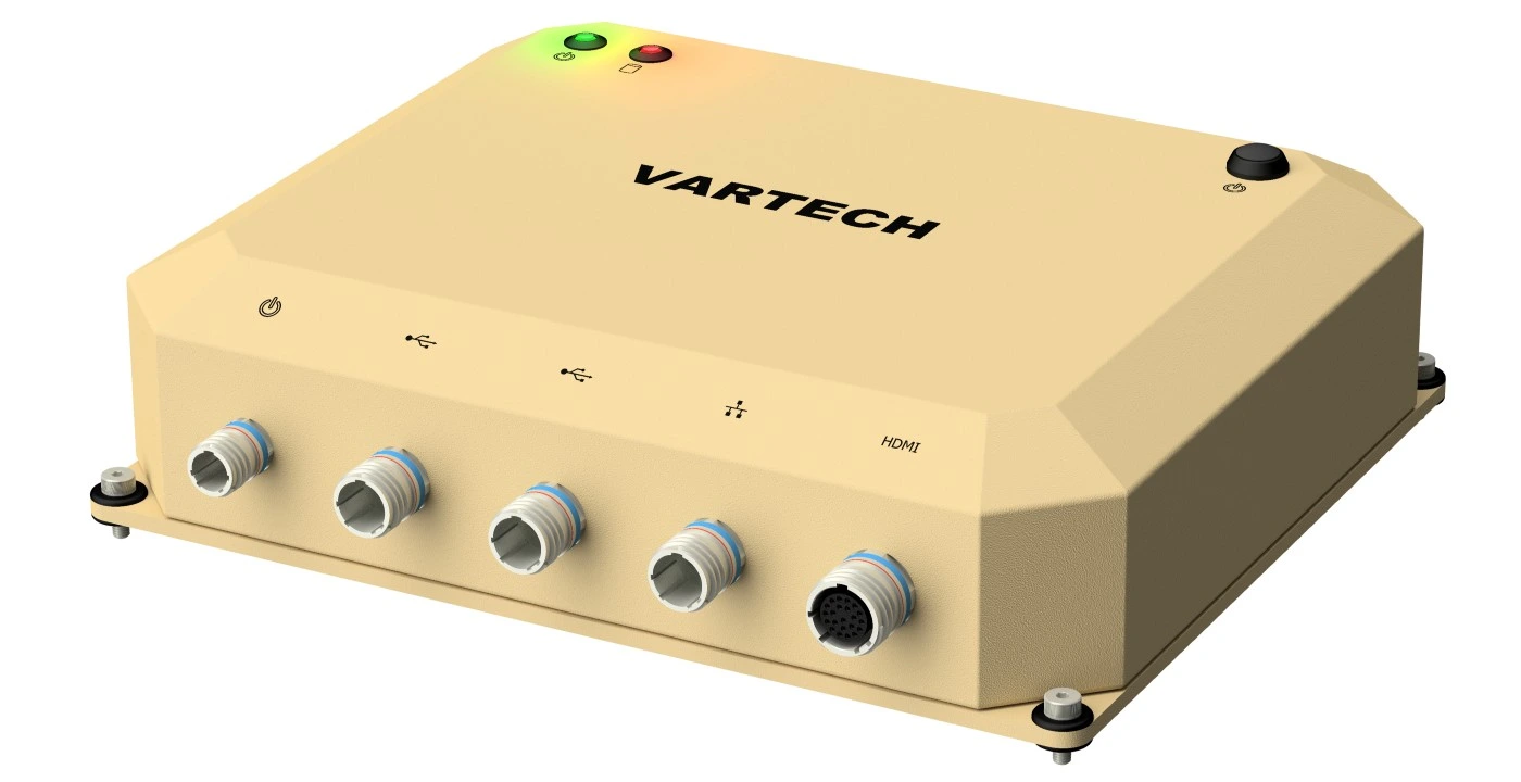 A rendering of VarTech Systems ToughCube rugged small form factor computer shown with MIL-DTL 38999 connectors