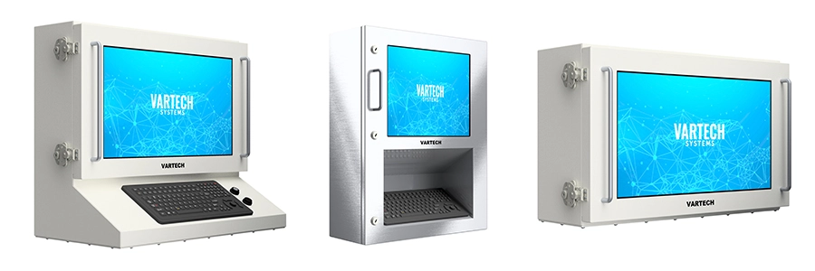 A compilation of renderings of VarTech Systems' ToughStation Workstation purge-protected hazardous area HMI with its three enclosure styles: Ergonomic, recessed, and panel.