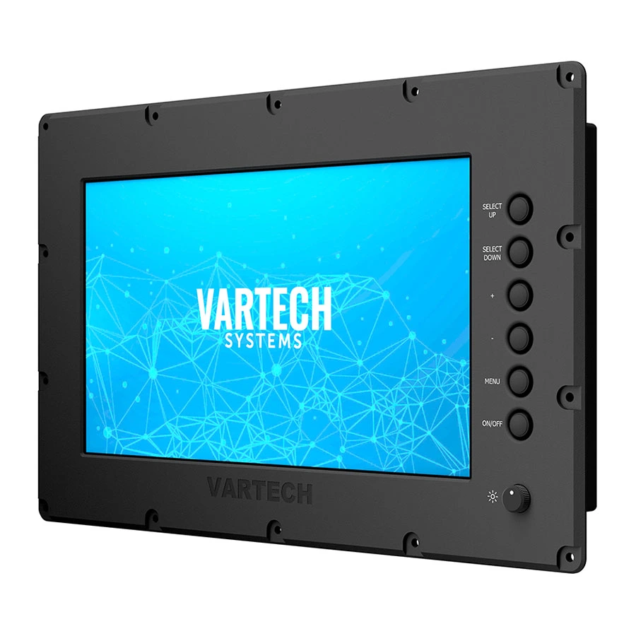 A rendering of a 15.6" All-Weather rugged outdoor console-mounted monitor by VarTech System, built to meet NEMA 6 and IP67/IP68 standards