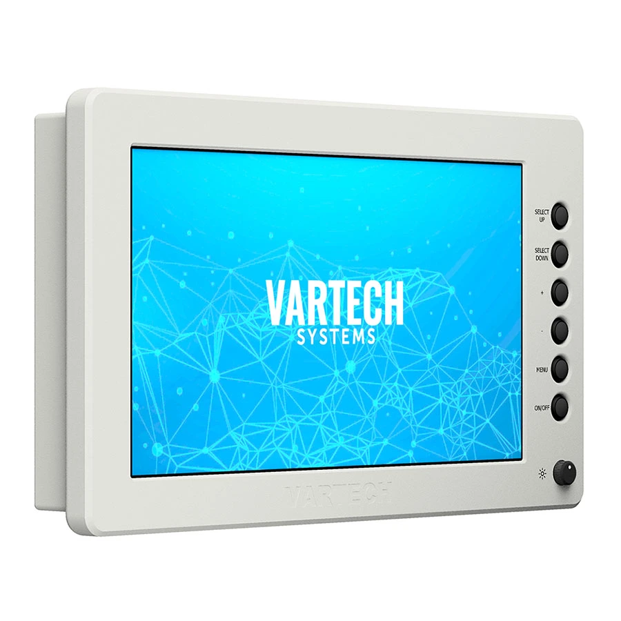 A rendering of a 15.6" All-Weather rugged outdoor VESA-mount monitor by VarTech System, built to meet NEMA 6 and IP67/IP68 standards