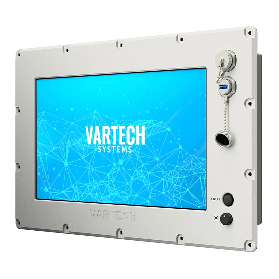 A rendering of a 15.6" All-Weather rugged outdoor console-mounted computer by VarTech System, built to meet NEMA 6 and IP67/IP68 standards