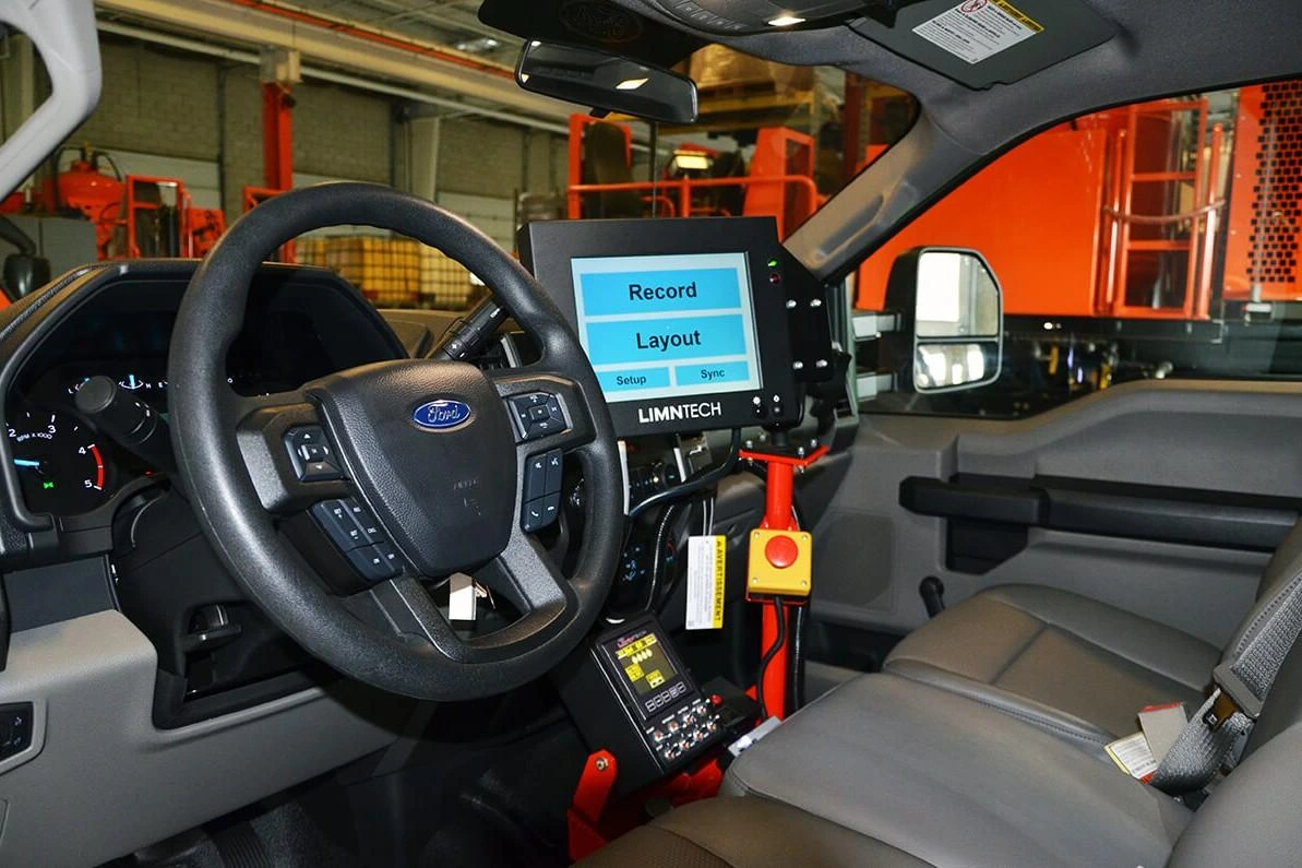 VarTech's DiamondVue industrial monitor installed within a LimnTech Scientific road marking vehicle