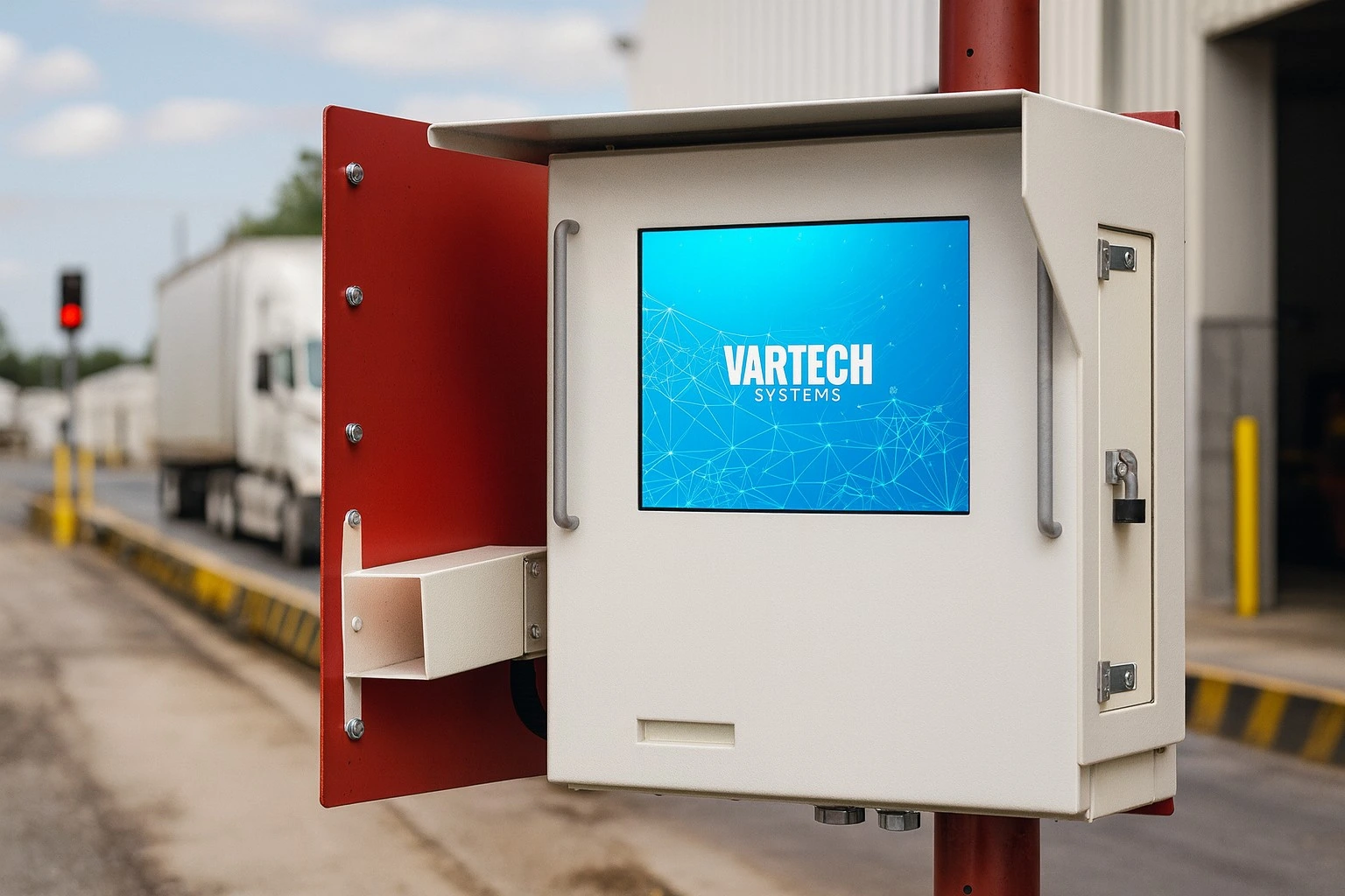 A depiction of VarTech Systems' WeighStation weigh scale HMI kiosk outdoors at a truck stop
