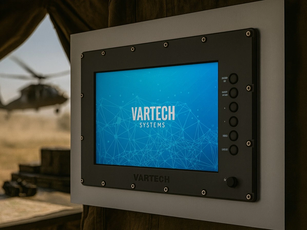 A depiction of VarTech Systems' All-Weather rugged MIL-STD monitor installed in an outdoor military environment