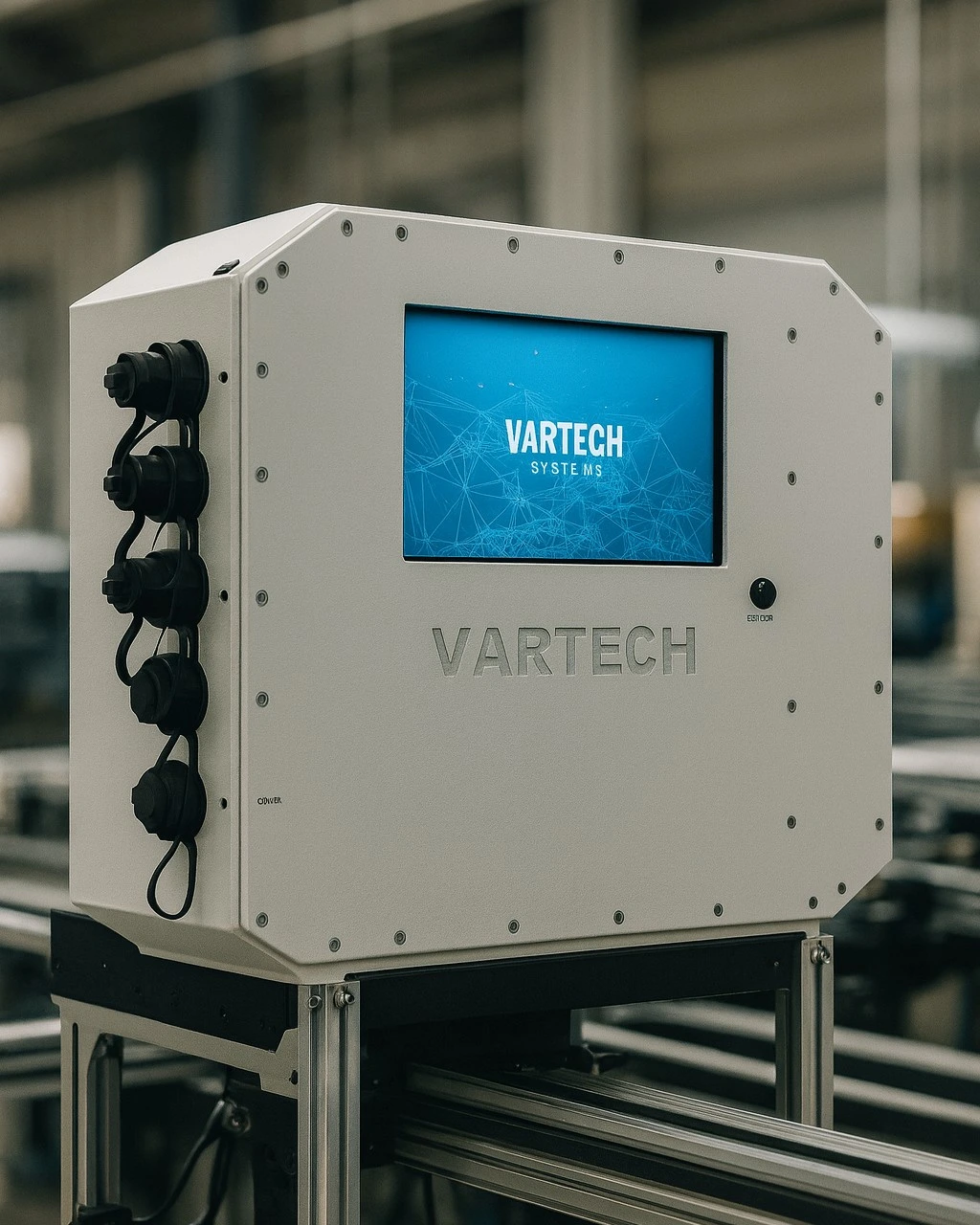 A depiction of VarTech Systems' Bolt (Ai) industrial edge computer in a manufacturing facility