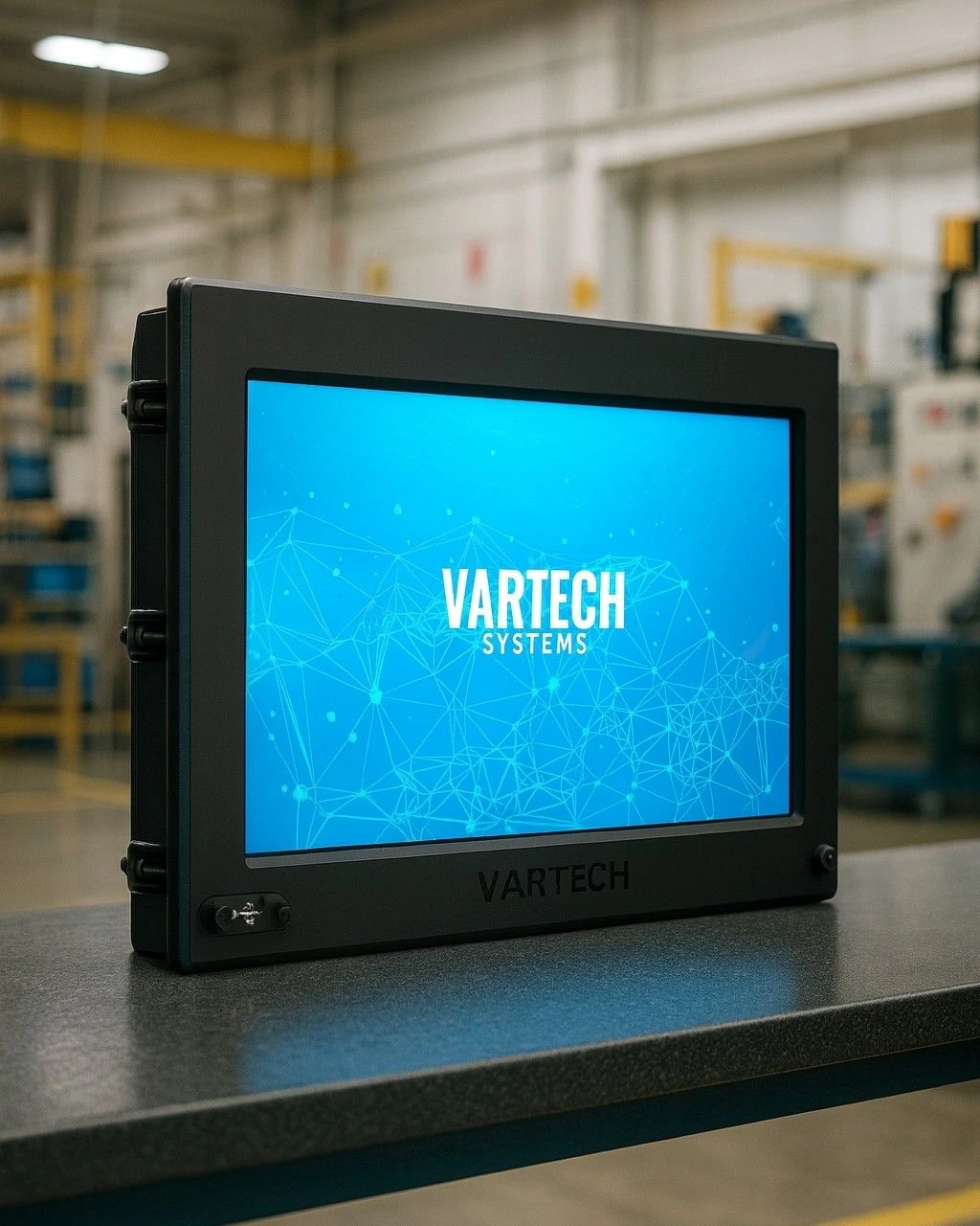 A depiction of VarTech Systems' DiamondVue industrial computer in a manufacturing facility