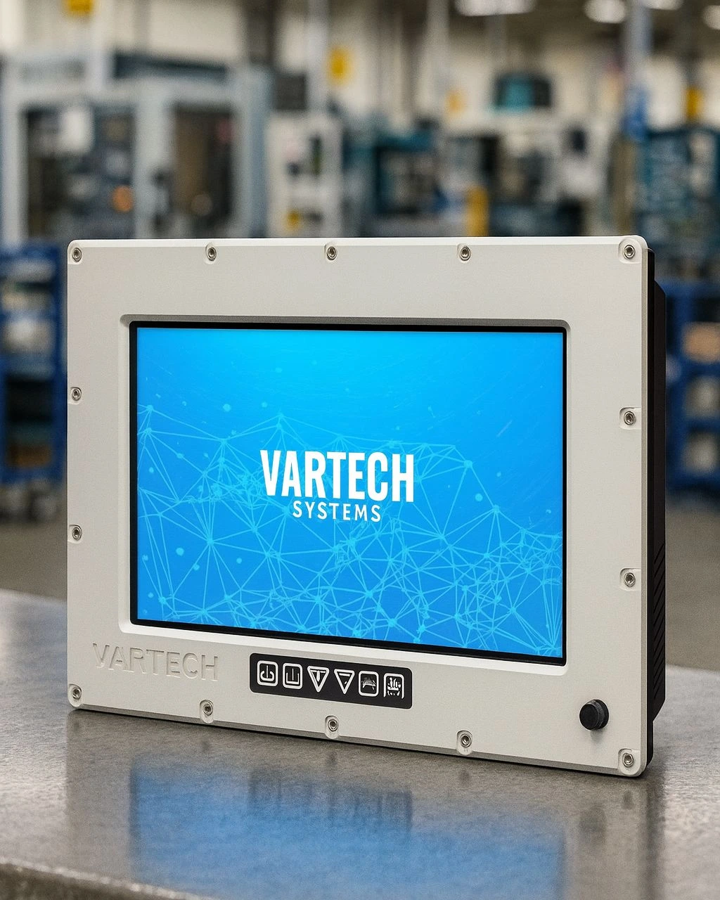 A depiction of VarTech Systems' DiamondVue industrial monitor in a manufacturing facility