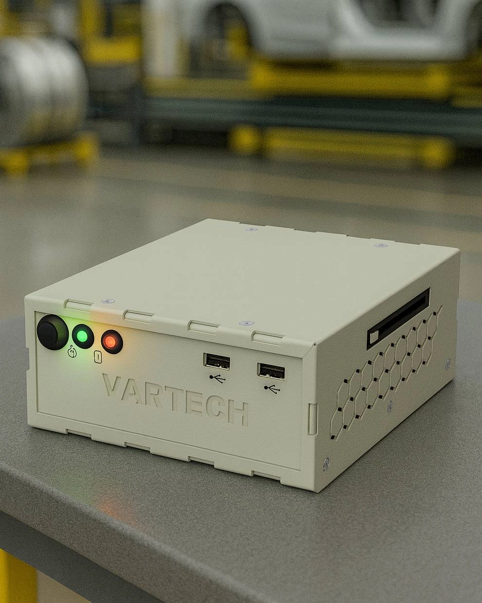 A depiction of VarTech Systems' PowerCube industrial small form factor computer in a manufacturing environments