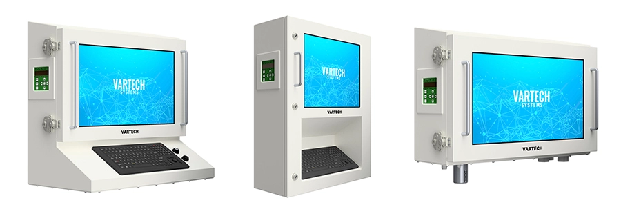 A compilation of renderings of VarTech Systems' ToughStation Workstation purge-protected hazardous area HMI with its three enclosure styles: Ergonomic, recessed, and panel.