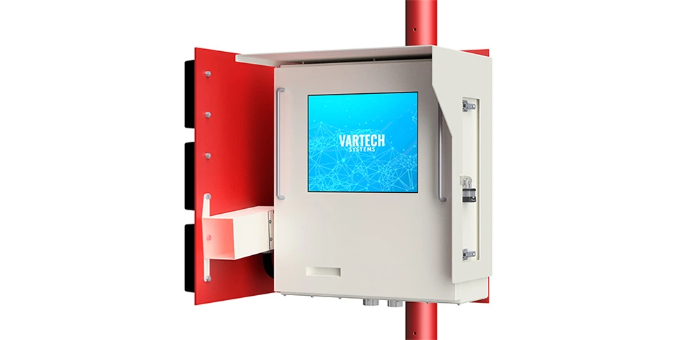 A rendering of VarTech Systems' WeighStation weigh scale HMI kiosk mounted via a swing-away arm