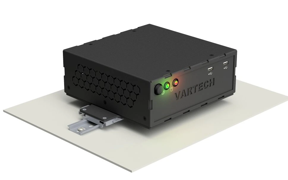 A rendering of a PowerCube small form factor computer mounted on a DIN rail
