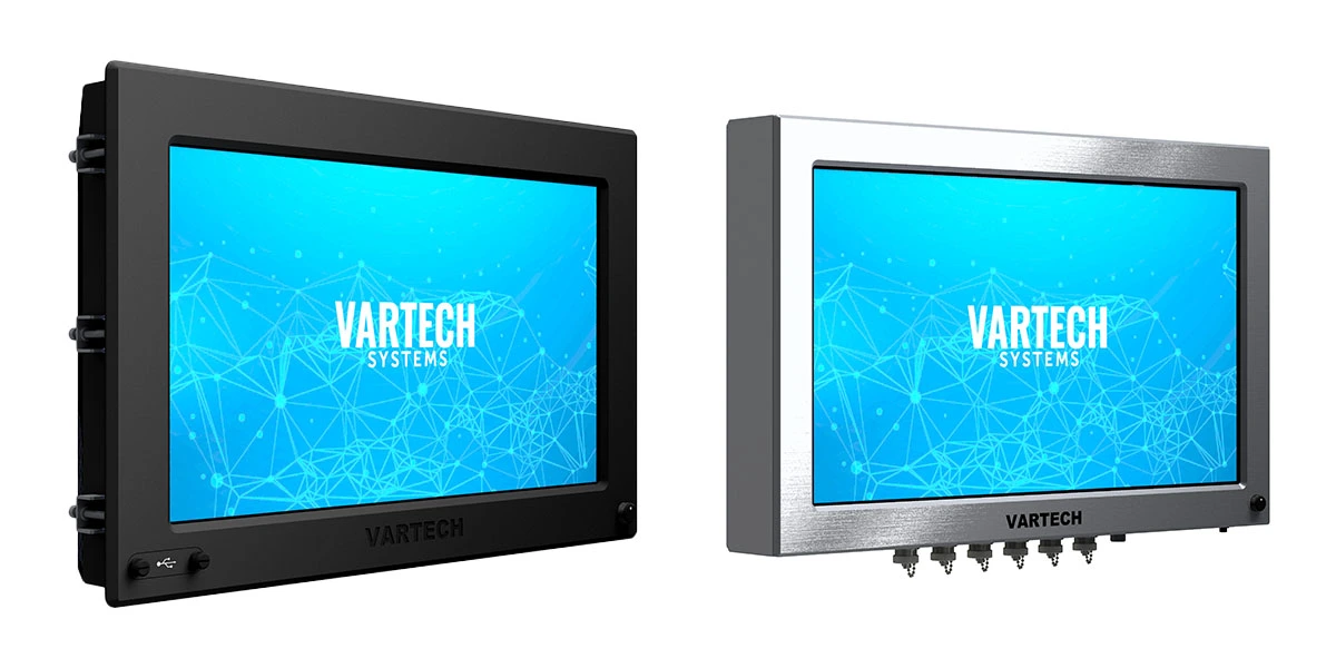 A dual rendering of an 18.5" DiamondVue panel computer (left) and 24" ToughStation fully sealed computer (right)