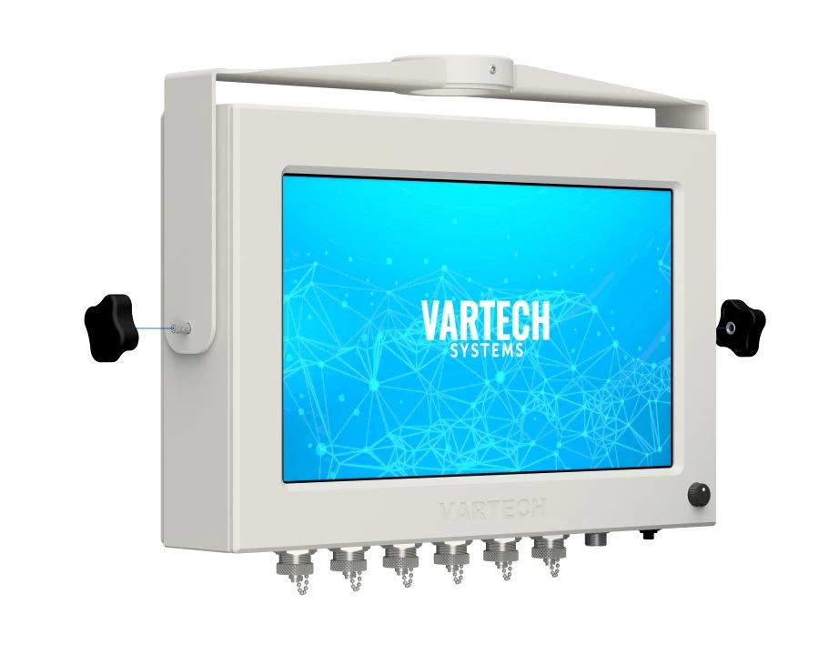 A rendering of VarTech Systems' ToughStation industrial computer or monitor depicted with a gimbal mounting style