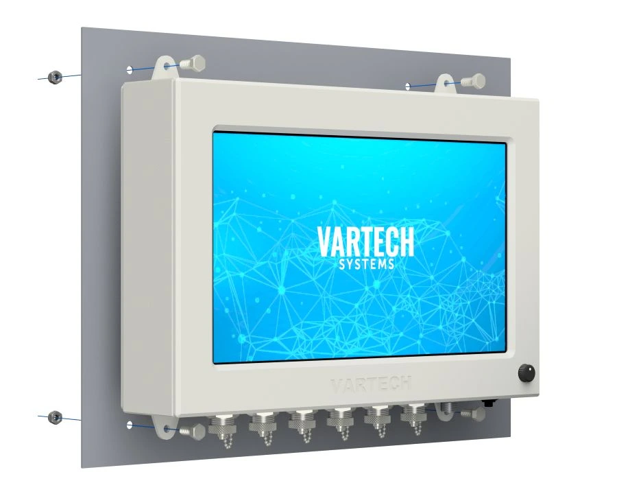 A rendering of VarTech Systems' ToughStation industrial computer or monitor depicted with a tab mounting style