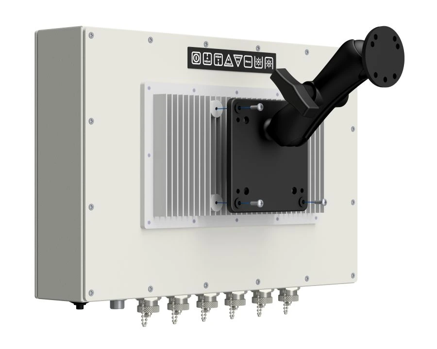 A rendering of VarTech Systems' ToughStation industrial computer or monitor depicted with a VESA mounting style