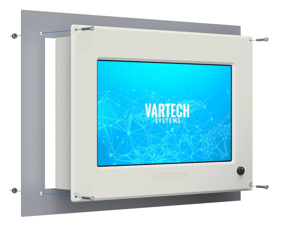 A rendering of VarTech Systems' ToughStation industrial computer or monitor depicted with a console mounting style