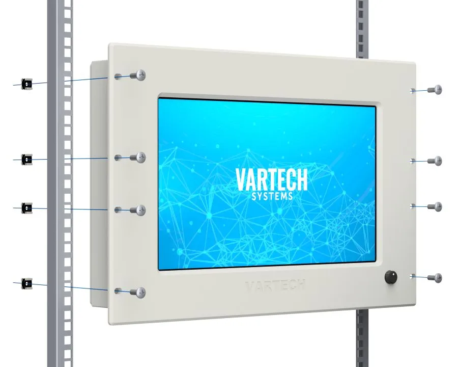 A rendering of VarTech Systems' ToughStation industrial computer or monitor depicted with a rack mount