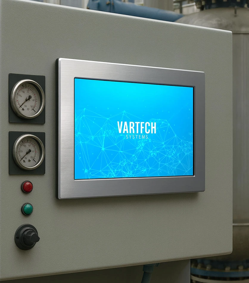 A depiction of VarTech Systems' DiamondVue C1D2-certified hazardous area computer in an industrial environment