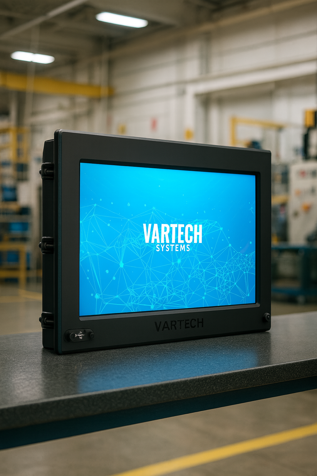 A depiction of VarTech Systems' DiamondVue industrial computer in a manufacturing facility