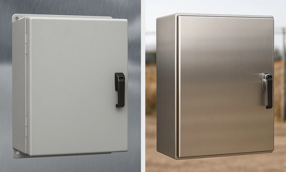 Side-by-side comparison of NEMA 4 (left) vs. NEMA 4X (right) enclosures.