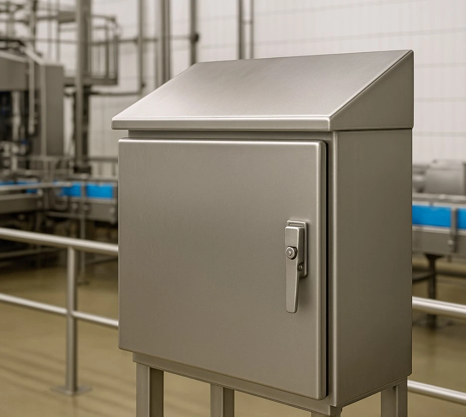 NEMA 4X stainless steel enclosure with sloped top for washdown areas.