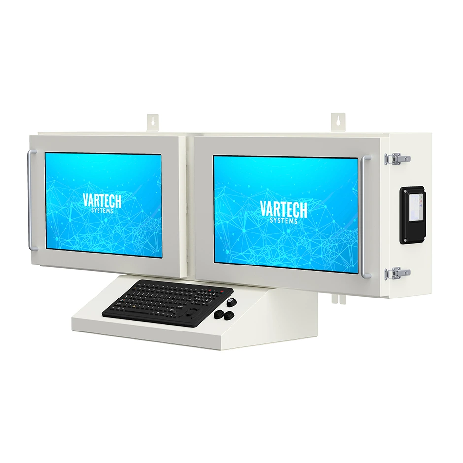 A rendering of a custom ToughStation purge-protected hazardous area workstation with dual displays and an ergonomic keyboard