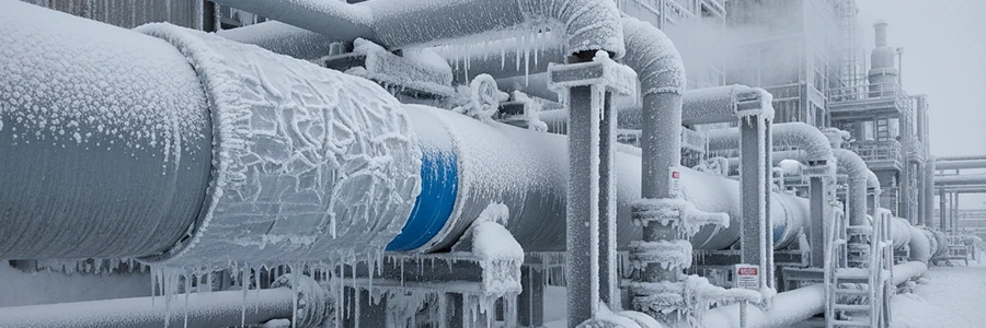 Frozen industrial piping in an extreme winter environment