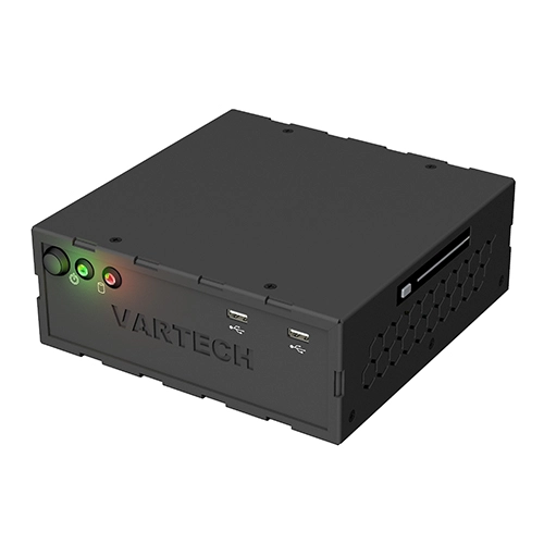 A rendering of a black PowerCube industrial small form factor computer by VarTech Systems