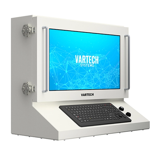 A rendering of VarTech's ToughStation fully sealed HMI workstation with a recessed keyboard