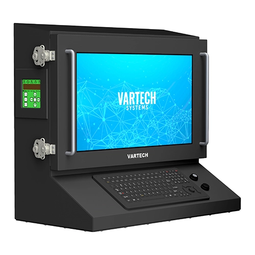 A rendering of VarTech's ToughStation purge-protected hazardous area HMI workstation with an ergonomic keyboard