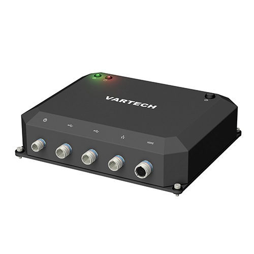 A rendering of VarTech Systems' ToughCube industrial small form factor computer, compact and built to meet IP67 standards