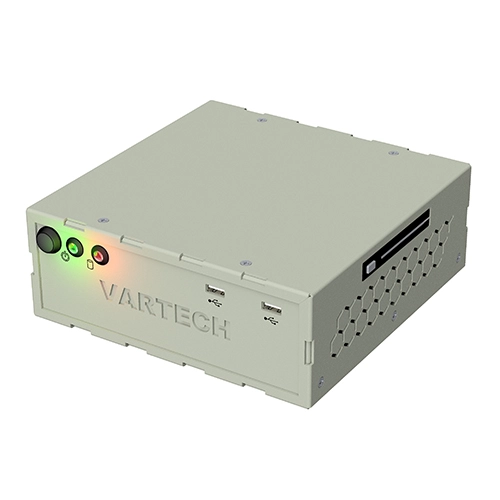 A rendering of a gray PowerCube industrial small form factor computer by VarTech Systems