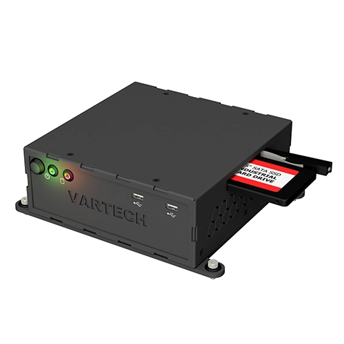 A rendering of a black PowerCube industrial small form factor computer by VarTech Systems