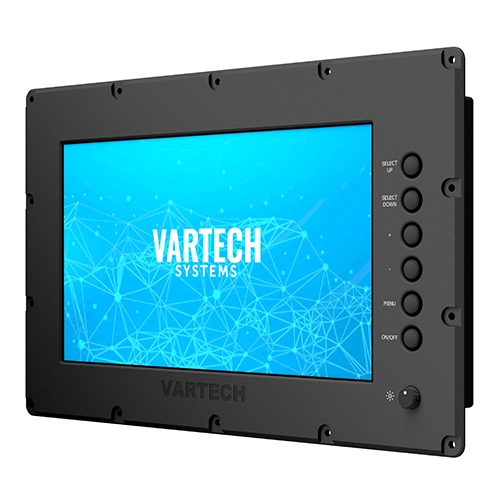 A rendering of a 15.6" All-Weather rugged outdoor console extreme-mount monitor by VarTech System, built to meet NEMA 6 and IP67/IP68 standards