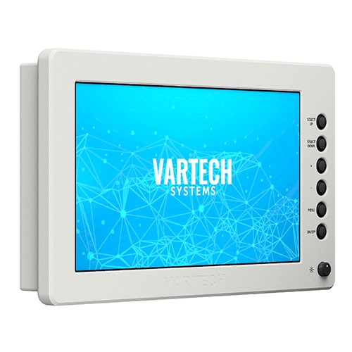 A rendering of a 15.6" All-Weather rugged outdoor VESA-mount monitor by VarTech System, built to meet NEMA 6 and IP67/IP68 standards