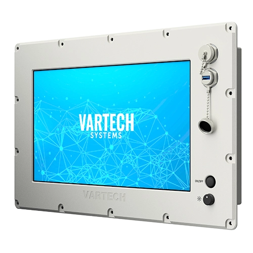 A rendering of a 15.6" All-Weather rugged outdoor console extreme-mounted computer by VarTech System, built to meet NEMA 6 and IP67/IP68 standards