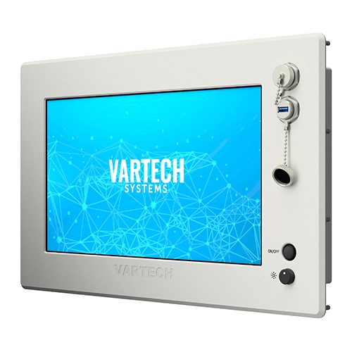 A rendering of a 15.6" All-Weather rugged outdoor panel-mounted computer by VarTech System, built to meet NEMA 6 and IP67/IP68 standards