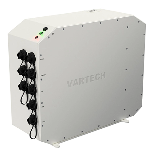 A front rendering of VarTech Systems' Bolt (Ai) industrial edge AI computer, built weatherproof with IP67 protection