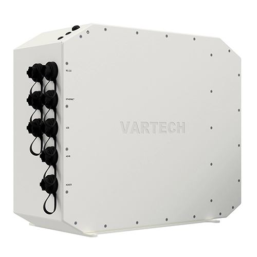 A front rendering of VarTech Systems' Bolt (Ai) industrial edge AI computer, built weatherproof with IP67 protection