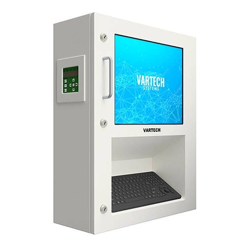 A rendering of VarTech's ToughStation purge-protected hazardous area HMI workstation with a recessed keyboard