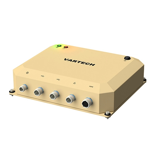 A rendering of VarTech Systems' ToughCube industrial small form factor computer, compact and built to meet IP67 standards