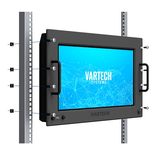 A rendering of VarTech Systems' DiamondVue industrial computer or monitor depicted with a rack mounting style