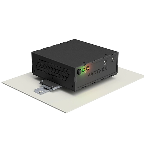 A rendering of VarTech Systems' PowerCube industrial small form factor pc depicted with a DIN rail mounting style