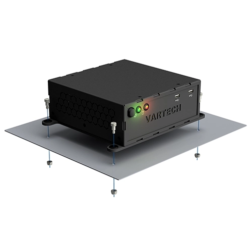 A rendering of VarTech Systems' PowerCube small form factor industrial computer depicted with a shock mounting style