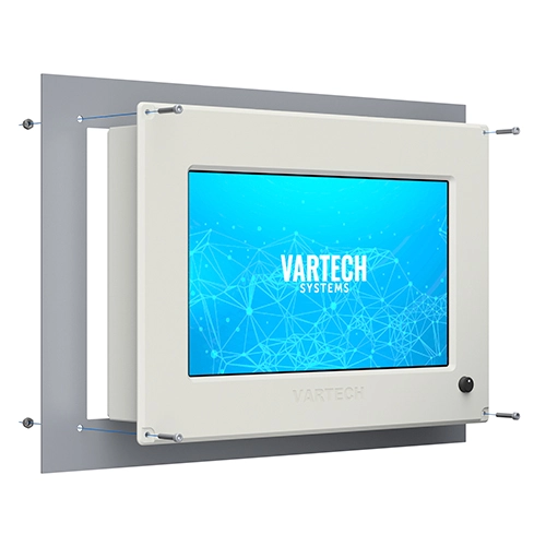 A rendering of VarTech Systems' ToughStation industrial computer or monitor depicted with a console mounting style