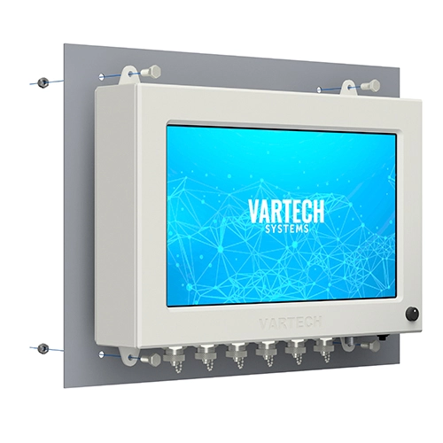 A rendering of VarTech Systems' ToughStation industrial computer or monitor depicted with a tab mounting style