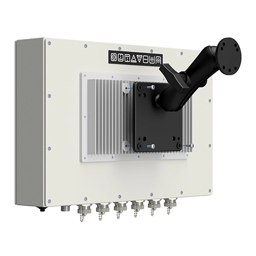 A rendering of VarTech Systems' ToughStation industrial computer or monitor depicted with a VESA mounting style