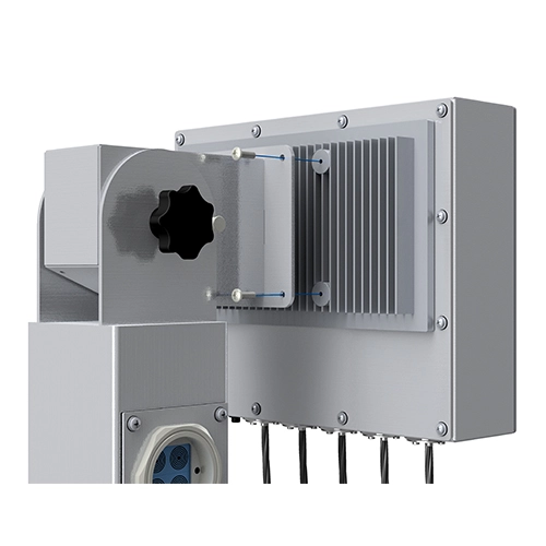 A rendering of VarTech Systems' ToughStation C1D2-certified computer or monitor depicted with a VESA mounting style